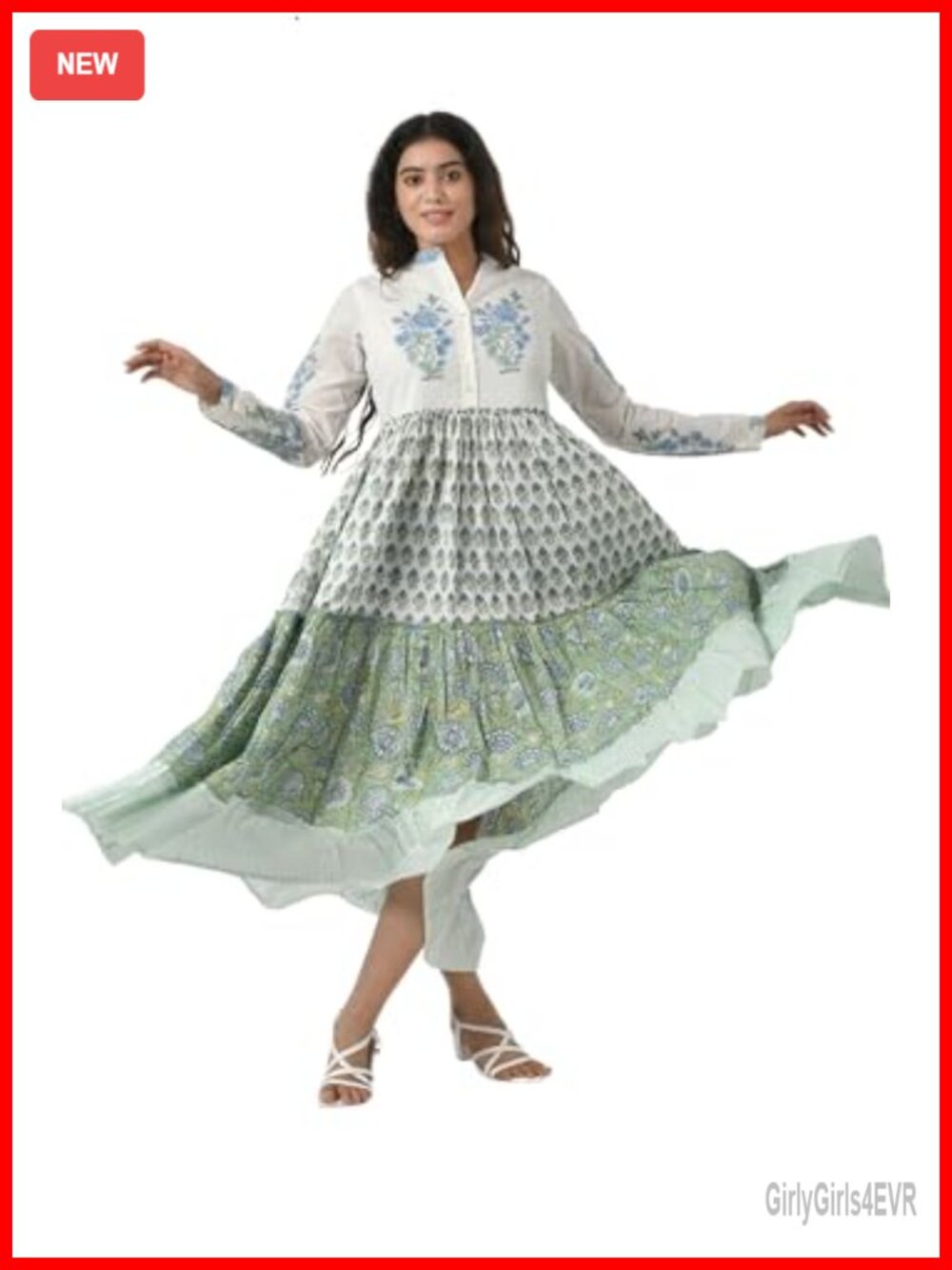 100% Cotton Block Print Maxi Dress Long Sleeve Button Down Tiered